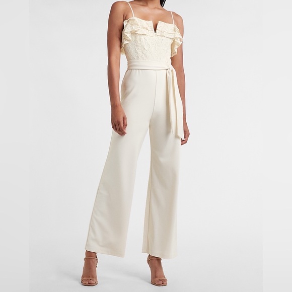 Express Pants - RUFFLE LACE BODICE BELTED WIDE LEG JUMPSUIT NWT